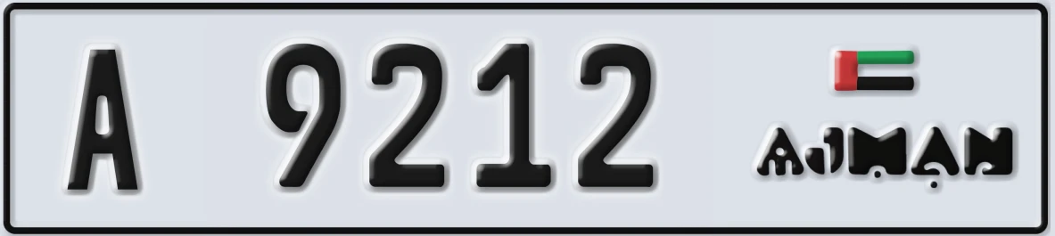UAE License Plate Ajman A 9212