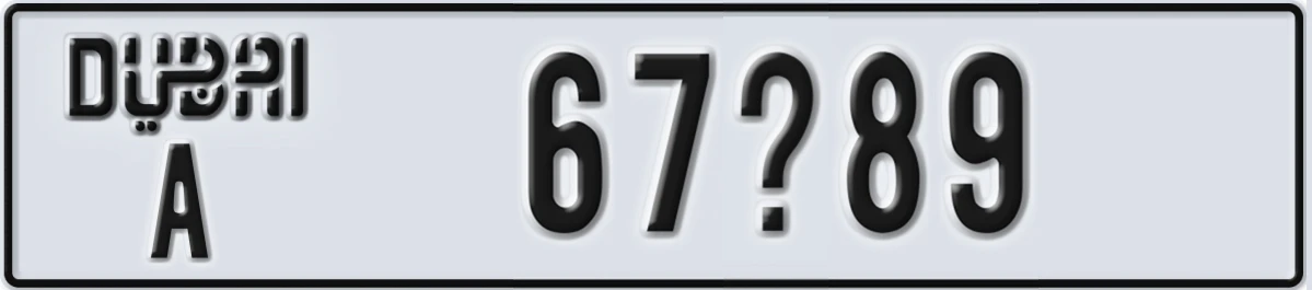 UAE License Plate Dubai A 67X89
