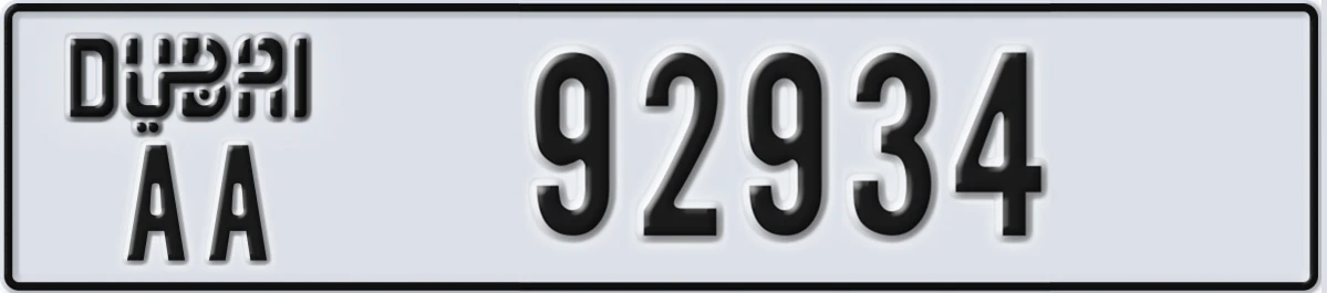 UAE License Plate Dubai AA 92934
