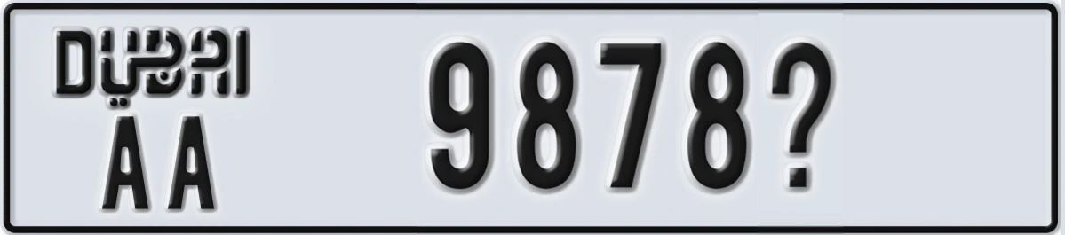 UAE License Plate Dubai AA 9878X