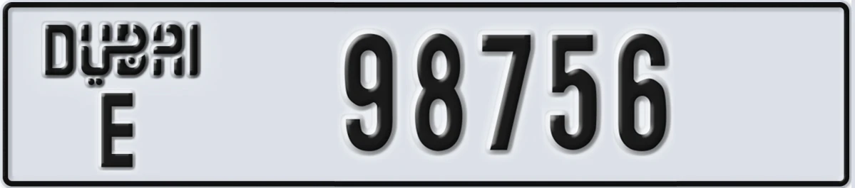 UAE License Plate Dubai E 98756