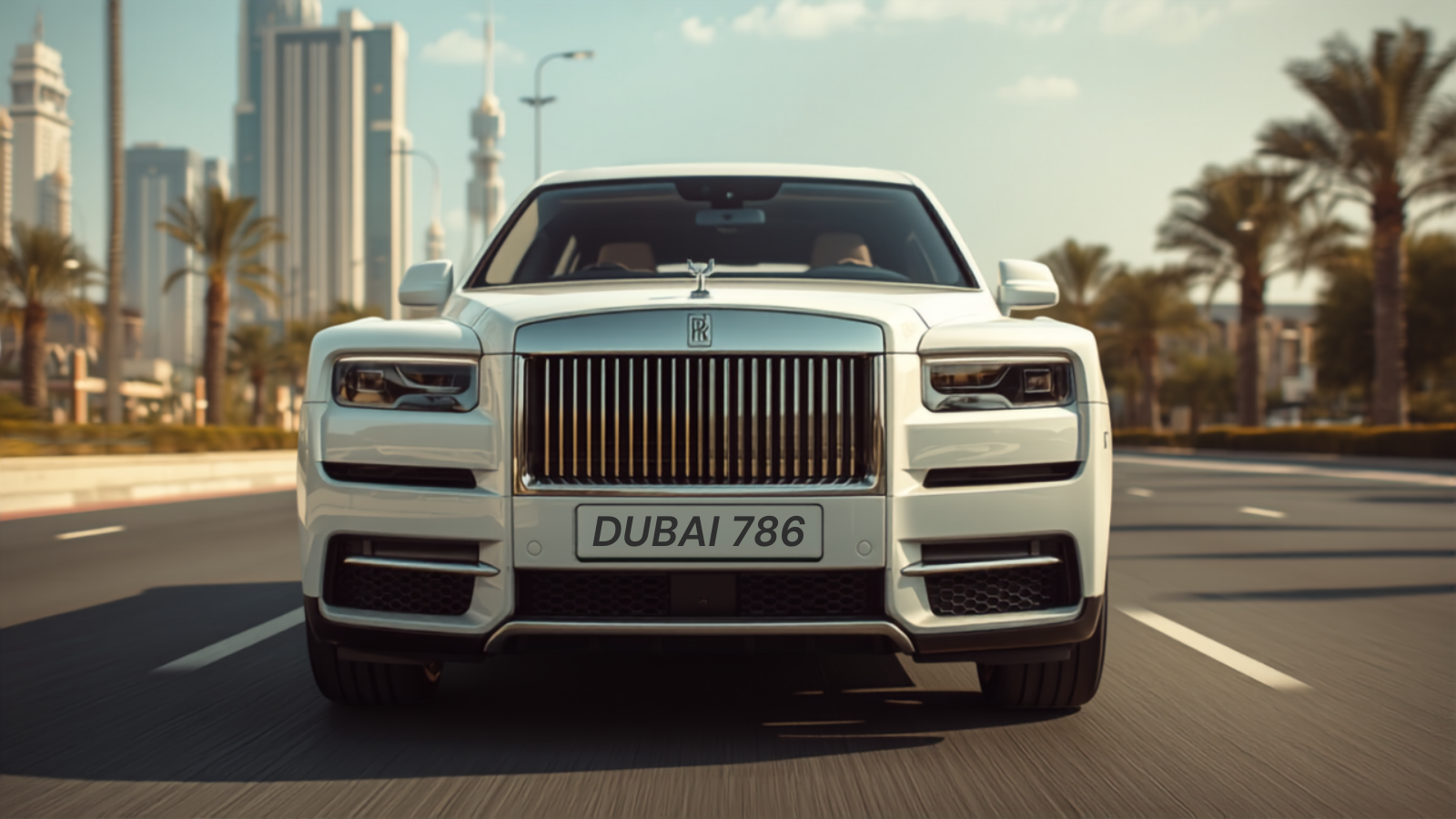 A white Rolls-Royce Cullinan on a Dubai boulevard with an authentic UAE number plate reading DUBAI 786, illustrating the value of a 786 number plate in the UAE.