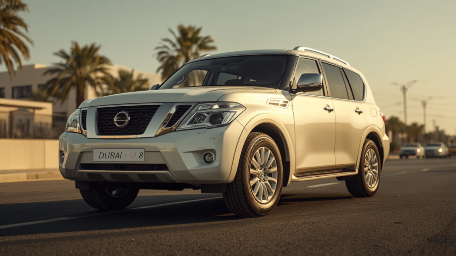 A clean white Nissan Patrol on a bright Dubai street with a clearly visible white Dubai number plate, illustrating how an affordable UAE number plate can look premium.