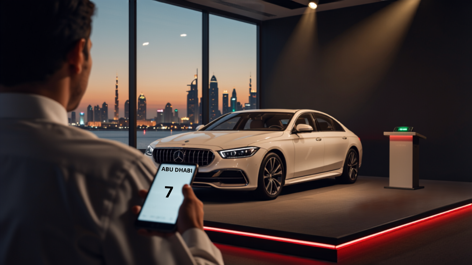 Bidder in a white kandura holding a phone showing an ABU DHABI 7 number plate mid-auction, with a white luxury sedan on a red-lit display platform and the Abu Dhabi skyline at dusk behind