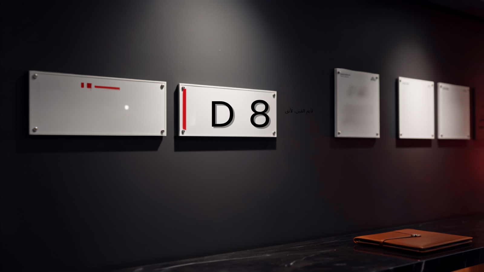 Dubai number plates displayed like artwork on a dark gallery wall in a premium plate dealership, the nearest plate reading D 8