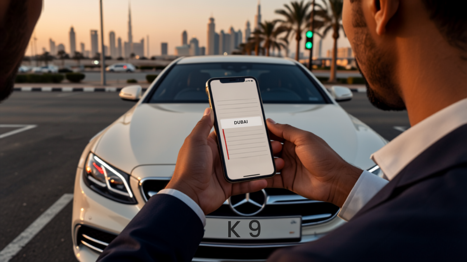 Hands holding a smartphone showing a digital vehicle registration record in front of a pearl-white Mercedes sedan with a clearly visible Dubai number plate reading K 9, Burj Khalifa skyline at golden hour behind