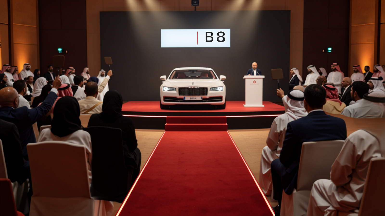 Packed Dubai auction hall at night with bidders raising paddles, a pearl-white Rolls-Royce on a spotlit stage and the plate B 8 displayed on the screen behind it