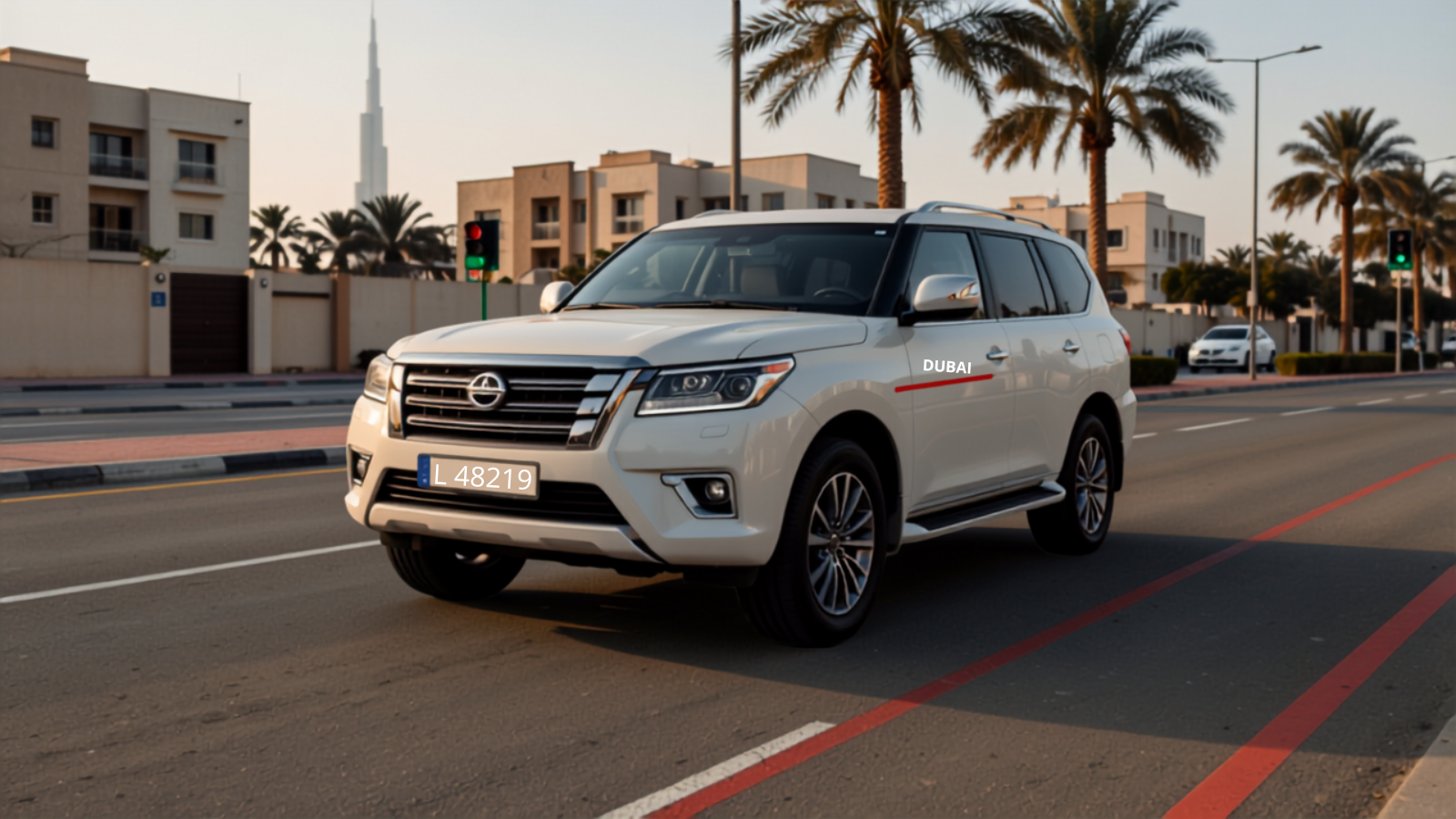 White Nissan Patrol parked on an ordinary Dubai residential street in morning light with a clearly visible five-digit Dubai number plate — the everyday reality of the UAE plate market