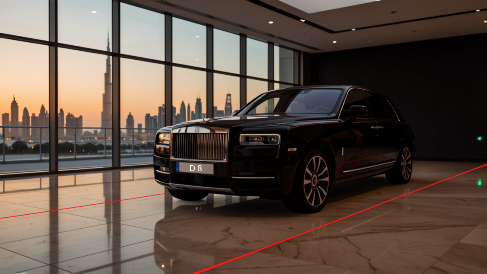 Jet-black Rolls-Royce Cullinan parked in a Dubai showroom at golden hour with the Burj Khalifa visible through a glass wall — a white Dubai number plate reading D 8 on the front bumper