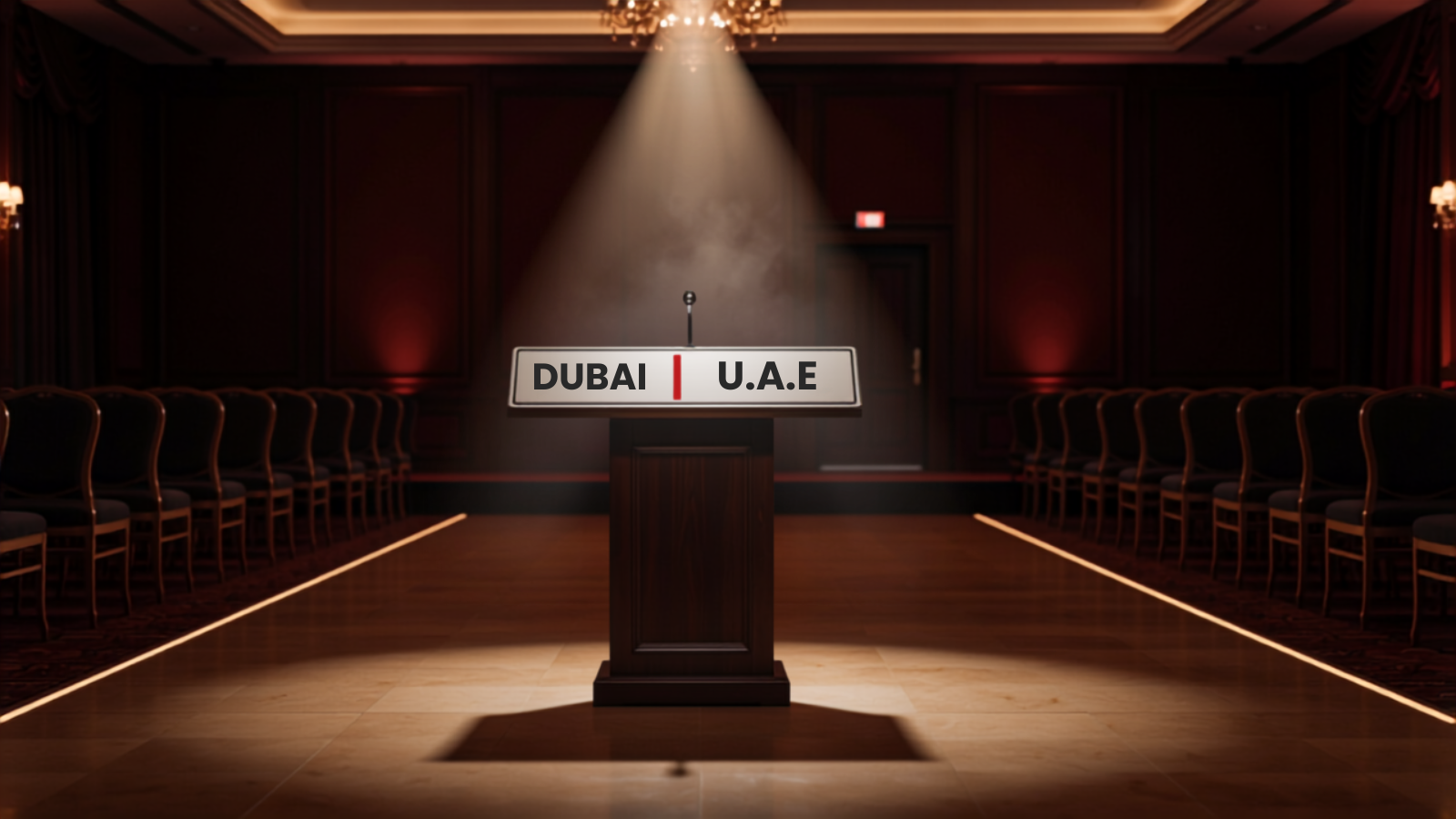 An empty Dubai hotel ballroom set for a number plate auction, with a Dubai plate lit on the podium