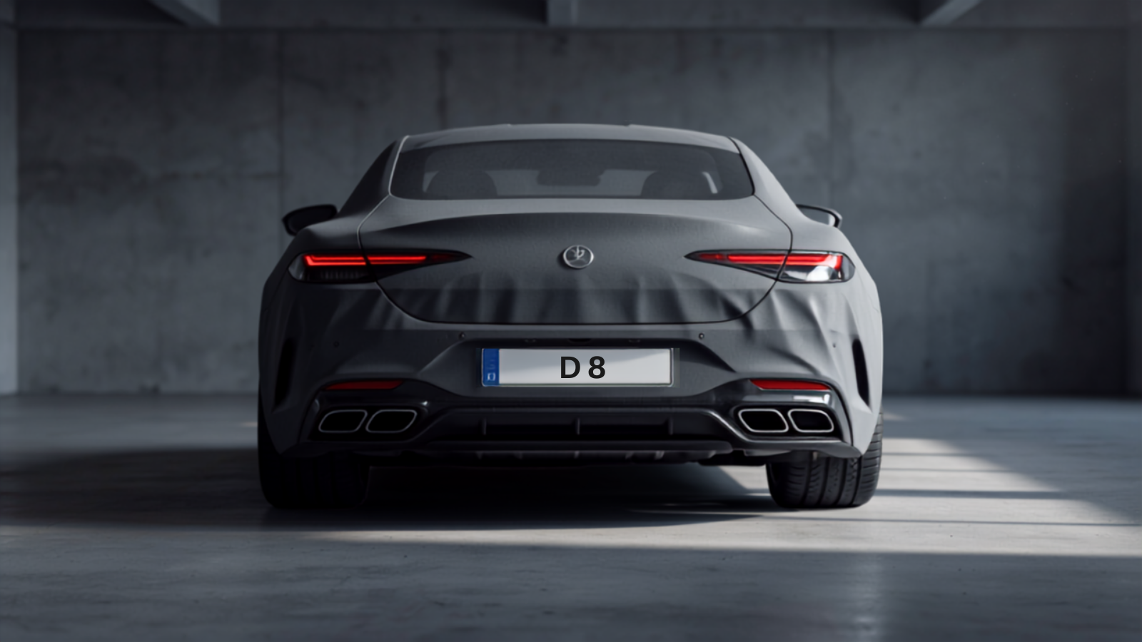 Rear of a dark luxury car in a concrete garage with a Dubai number plate reading D 8