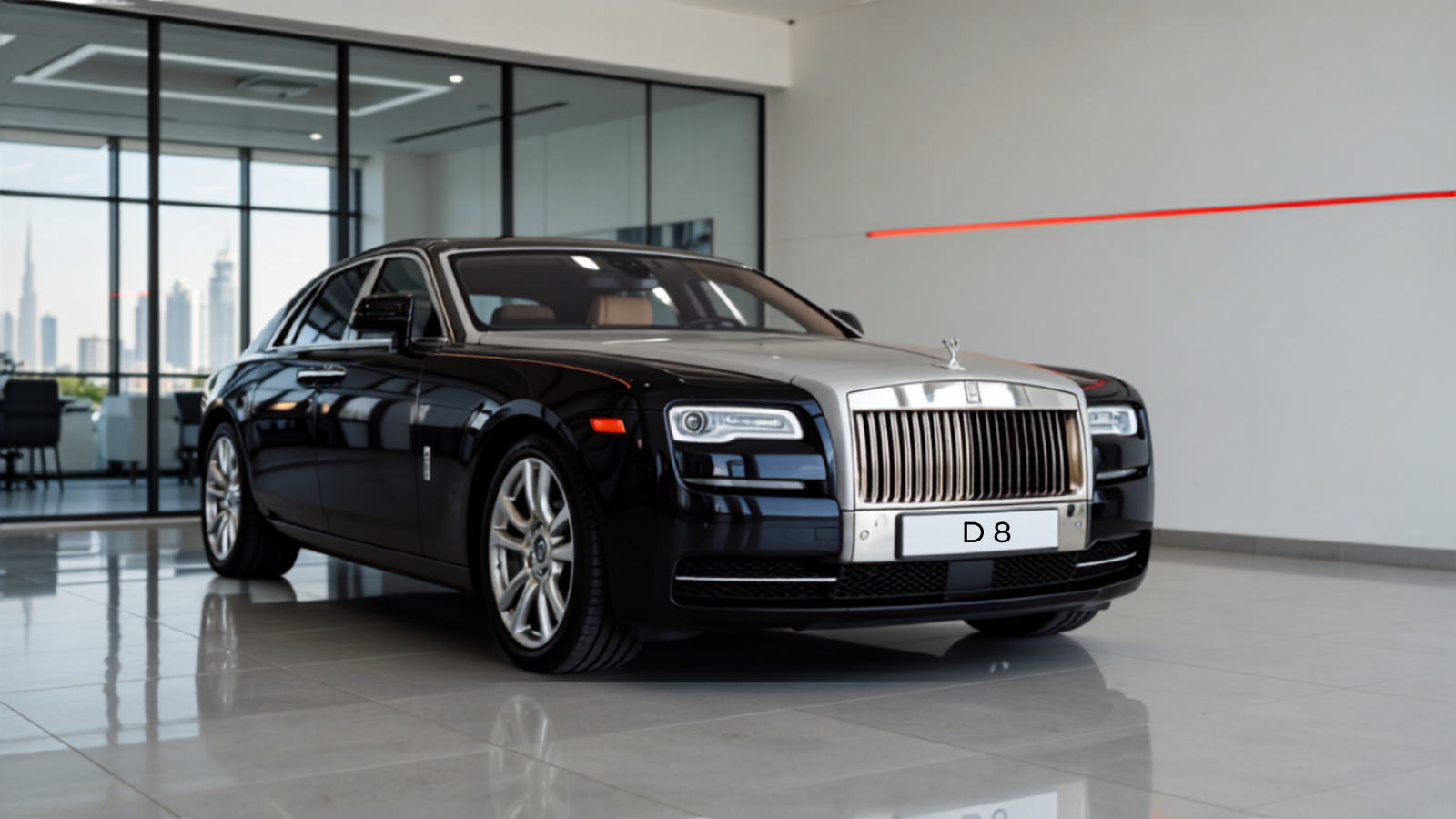 Black Rolls-Royce Ghost in a bright Dubai showroom with a legible Dubai number plate reading D 8