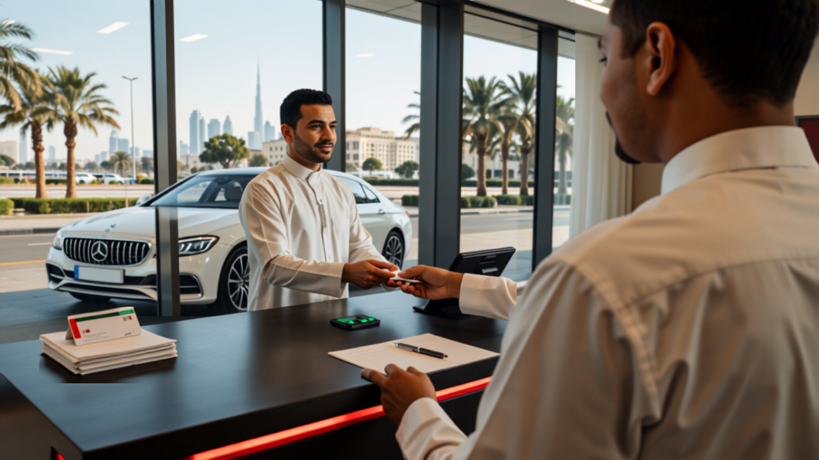 Man in a white kandura handing his Emirates ID across a Dubai RTA-style service counter, with documents and a pen on the desk and a white luxury sedan visible through the glass wall behind
