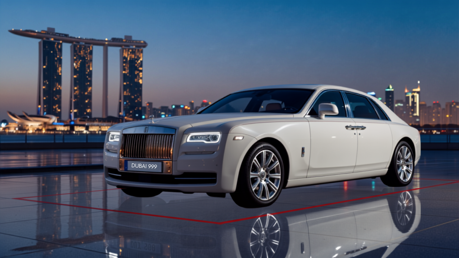 Pearl-white Rolls-Royce Phantom on a black granite forecourt at Dubai blue hour, its front plate reading exactly 999 — the elite triple-repeating Dubai number plate
