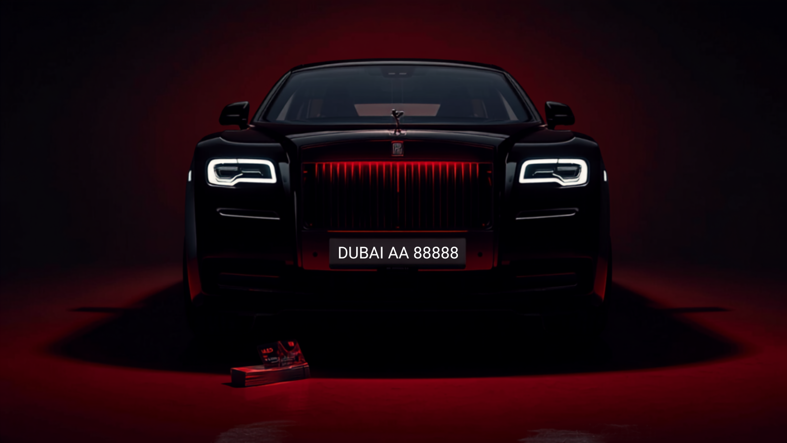 Editorial hero image of a black luxury sedan with a Dubai UAE license plate reading AA 88888 on the front, glowing with red LED accent, a stylized bank card and AED currency notes suggesting financing — LicensePlate.ae UAE number plate financing 2026 guide