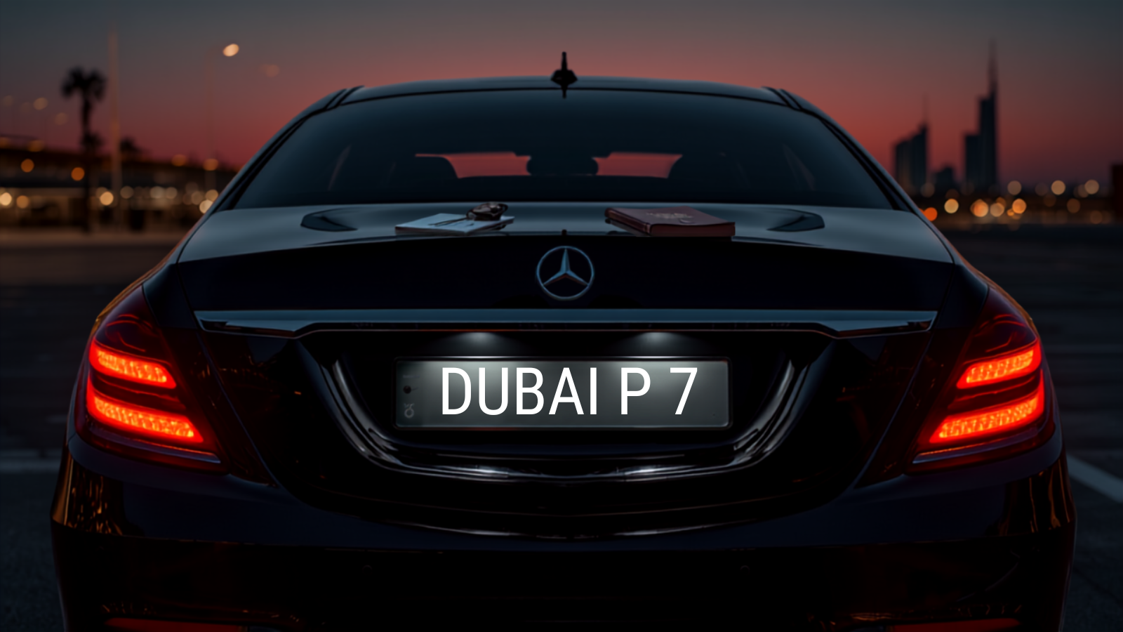 Black Mercedes S-Class at dusk with a Dubai UAE license plate reading P 7, passport, keys and boarding pass resting on the boot, Dubai skyline with Burj Khalifa in the background — LicensePlate.ae guide to what happens to your number plate when you leave the UAE