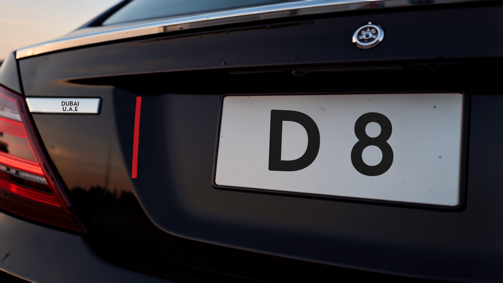 Close-up of a Dubai number plate reading D 8 on the rear of a black luxury car at dusk