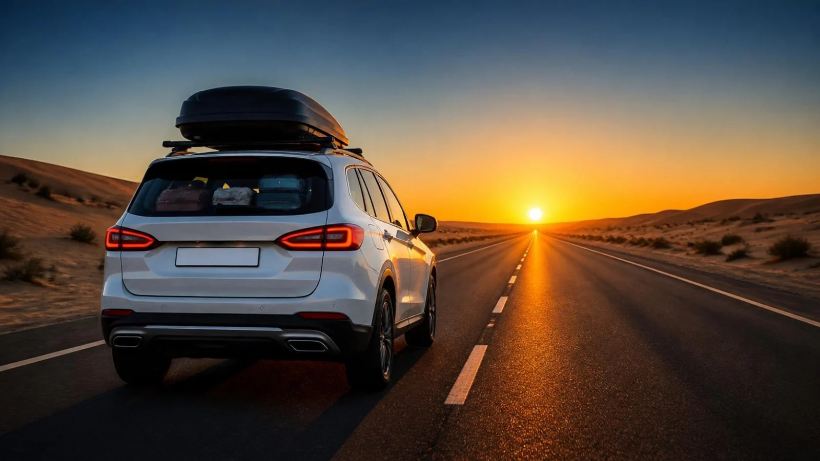 A car at the UAE–Saudi border crossing at dusk with a Dubai number plate, loaded for relocation to Riyadh — LicensePlate.ae guide to exporting a car from the UAE to Saudi Arabia or selling it before you move