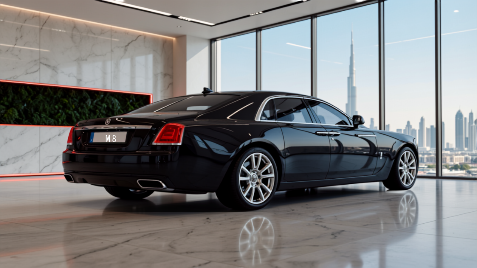 Black Rolls-Royce in a bright Dubai showroom with a legible Dubai number plate reading M 8, Burj Khalifa visible through the glass wall