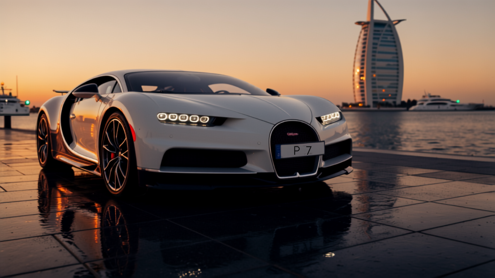 Pearl-white Bugatti Chiron parked on the Dubai Marina promenade at sunset with the Burj Al Arab behind it and a clearly visible Dubai number plate reading P 7