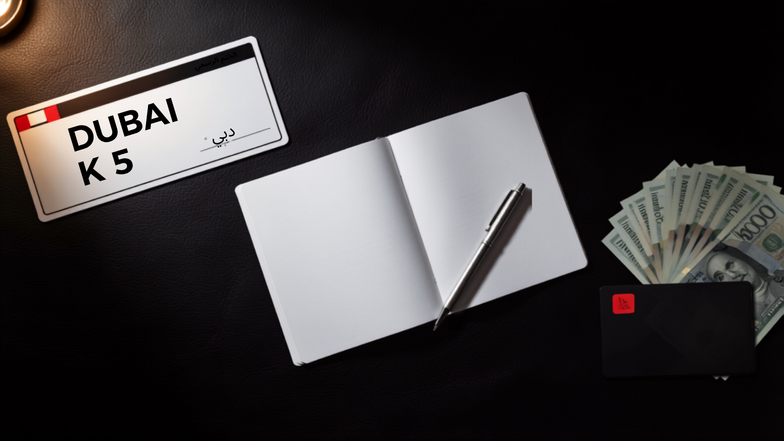 Overhead flat-lay on a black leather desk showing a Dubai license plate reading DUBAI K 5, an open UAE chequebook with a silver pen, a fan of AED 500 notes, and a glossy black RTA business card — the objects needed to apply for an RTA plate installment plan