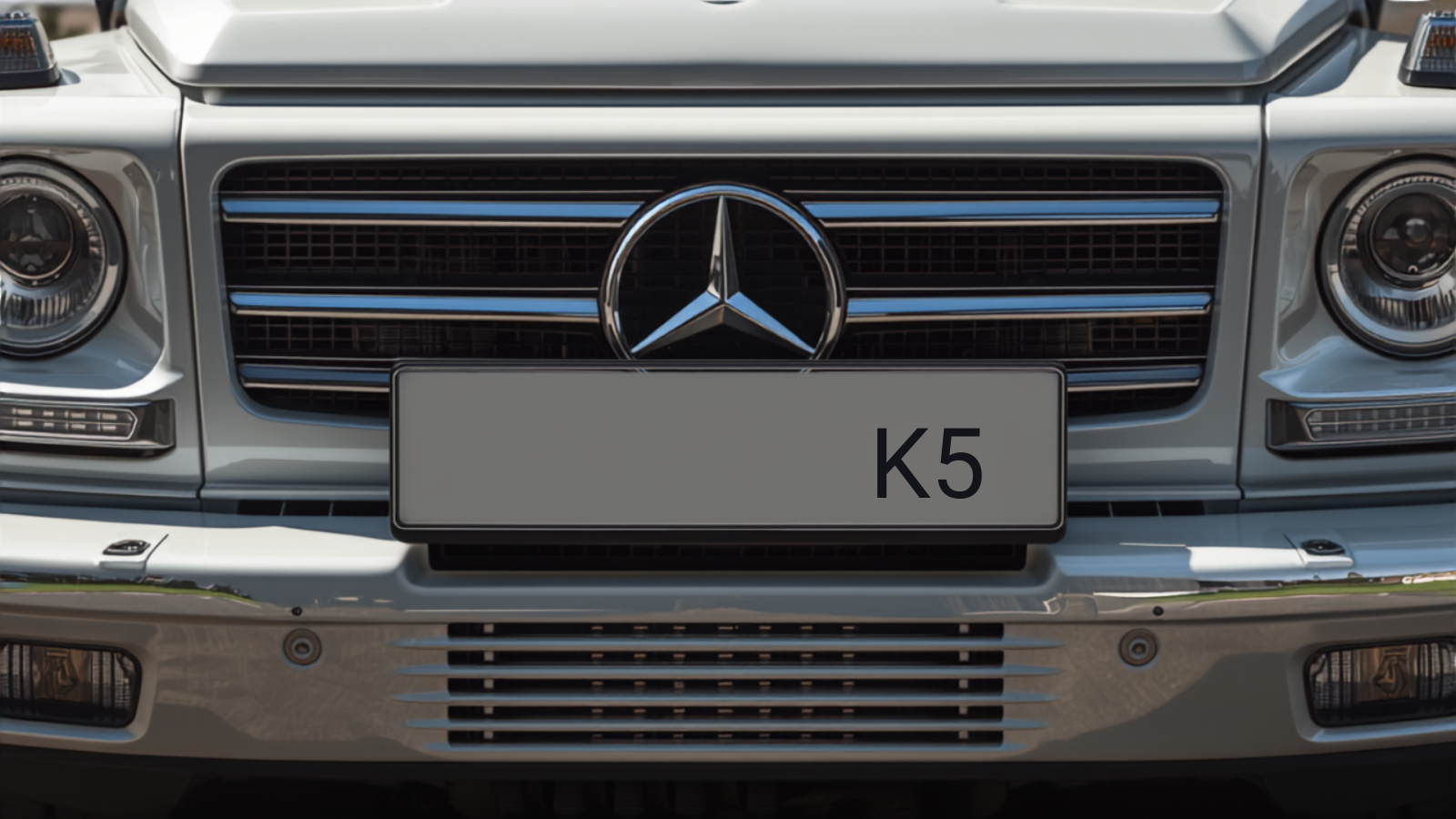 Close-up of an authentic Dubai UAE number plate mounted on a white Mercedes-Benz G-Wagon — long white plate with red divider and DUBAI emirate strip — LicensePlate.ae guide to UAE plate types