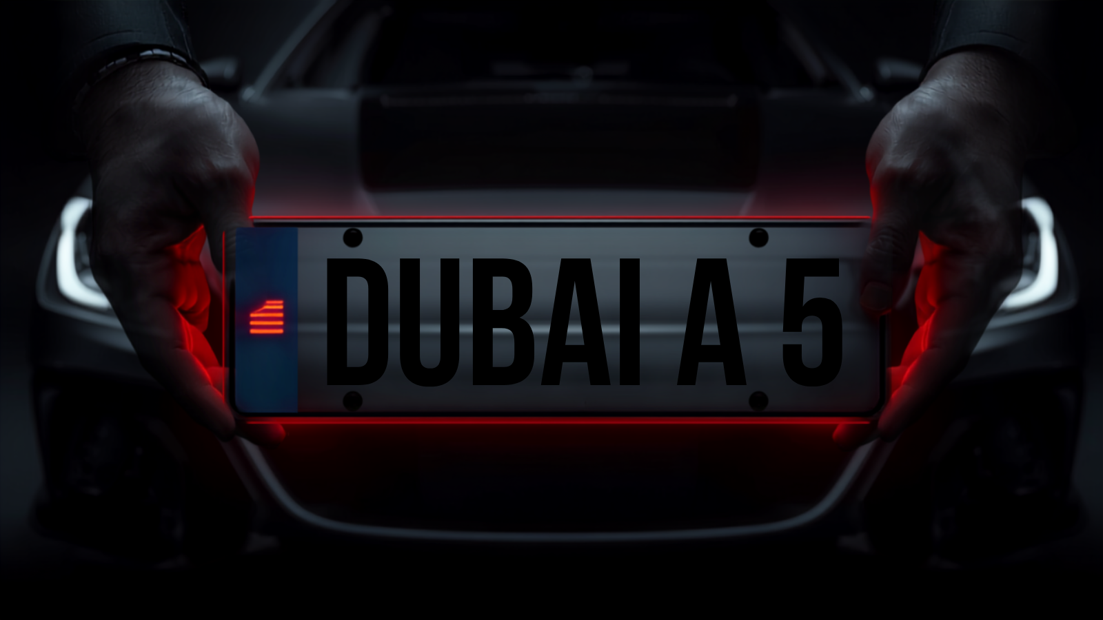 Two hands lifting a Dubai UAE license plate reading A 5 away from the front of a blurred black luxury car, dramatic red-lit studio — illustrating that a UAE number plate is a separate owned asset detachable from the vehicle, LicensePlate.ae
