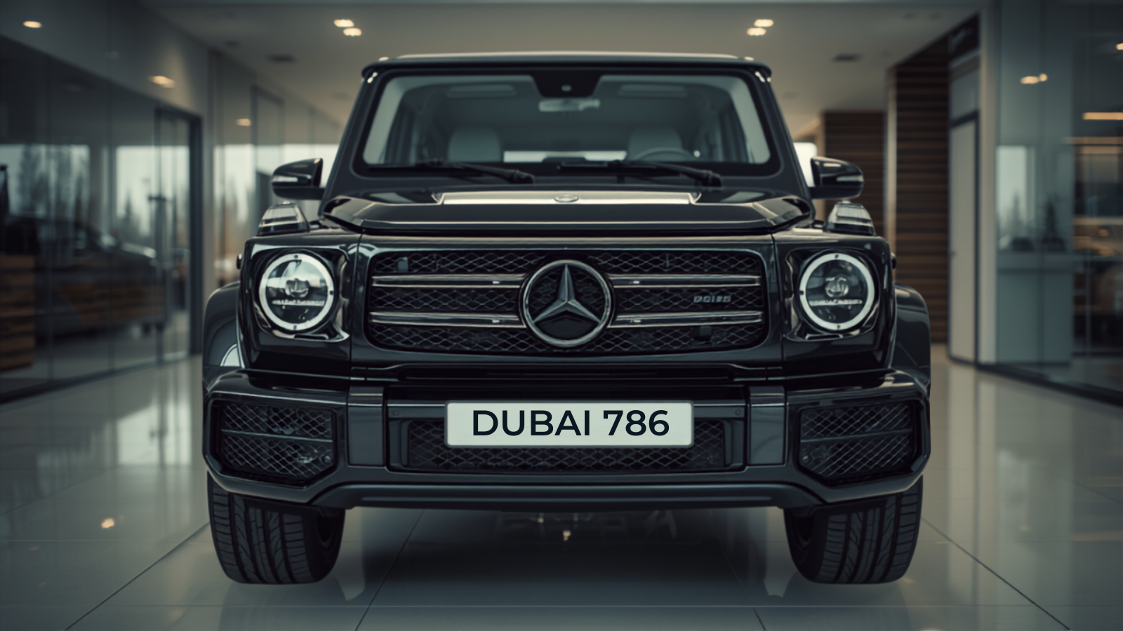 A luxury car at a Dubai showroom with a visible 786 UAE number plate, representing buying a 786 plate on the secondary market.