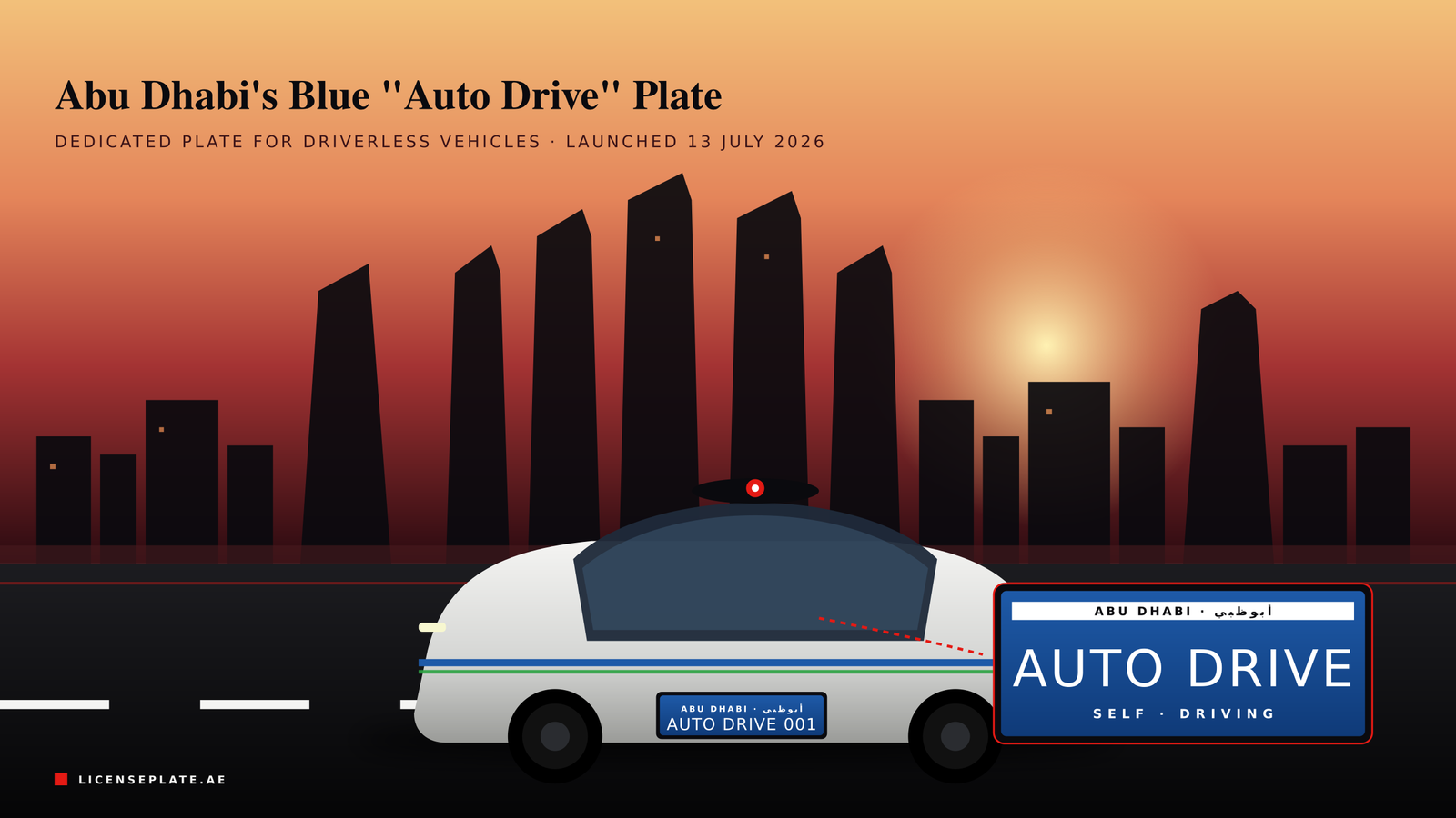 Illustrated Abu Dhabi autonomous vehicle at sunset with a blue Auto Drive number plate reading AUTO DRIVE 001, Etihad Towers skyline silhouette in background — LicensePlate.ae 2026 guide