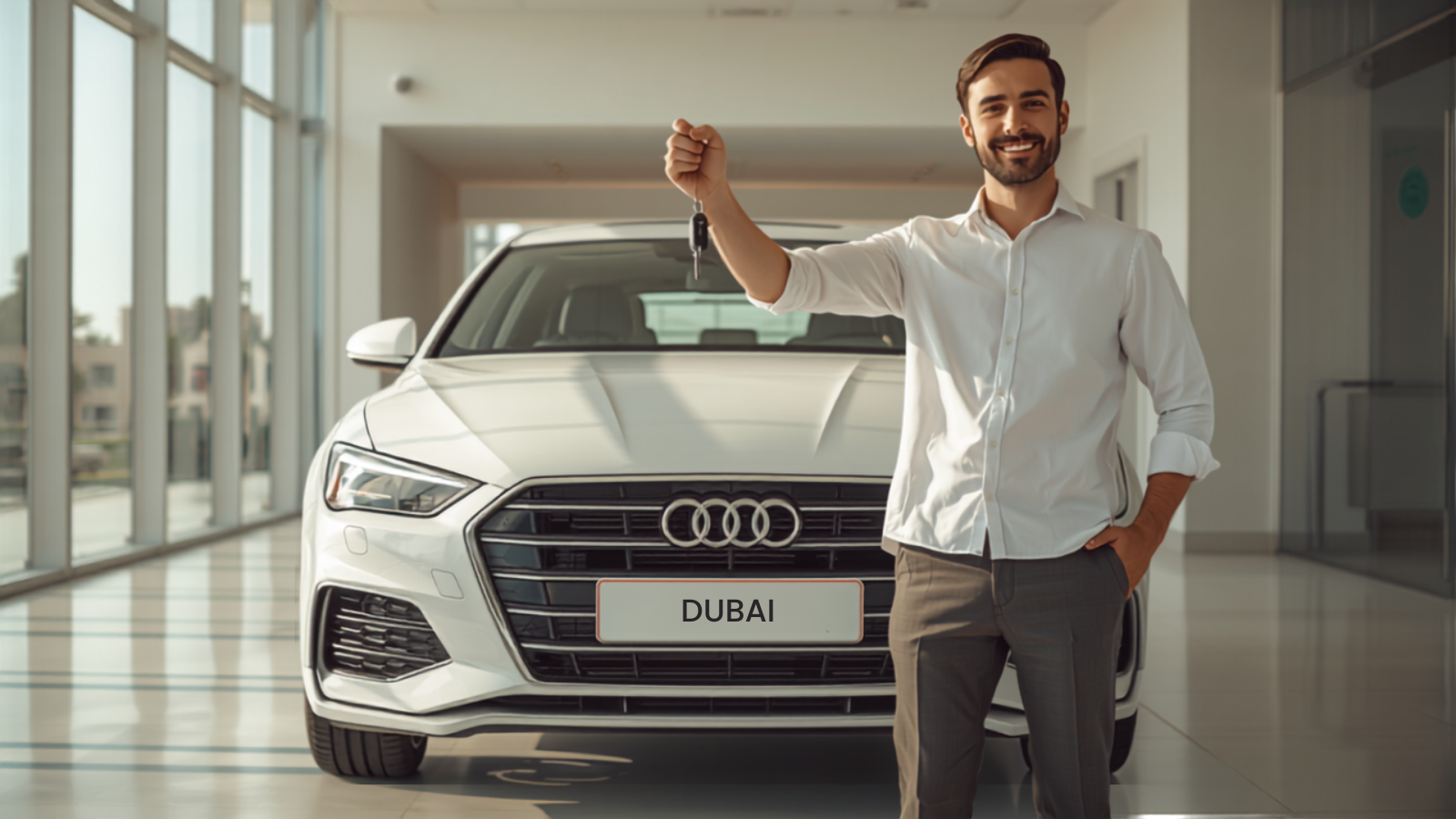 A person holding car keys beside a clean everyday car with a legible affordable UAE number plate, representing a first-time budget plate buyer in the UAE.