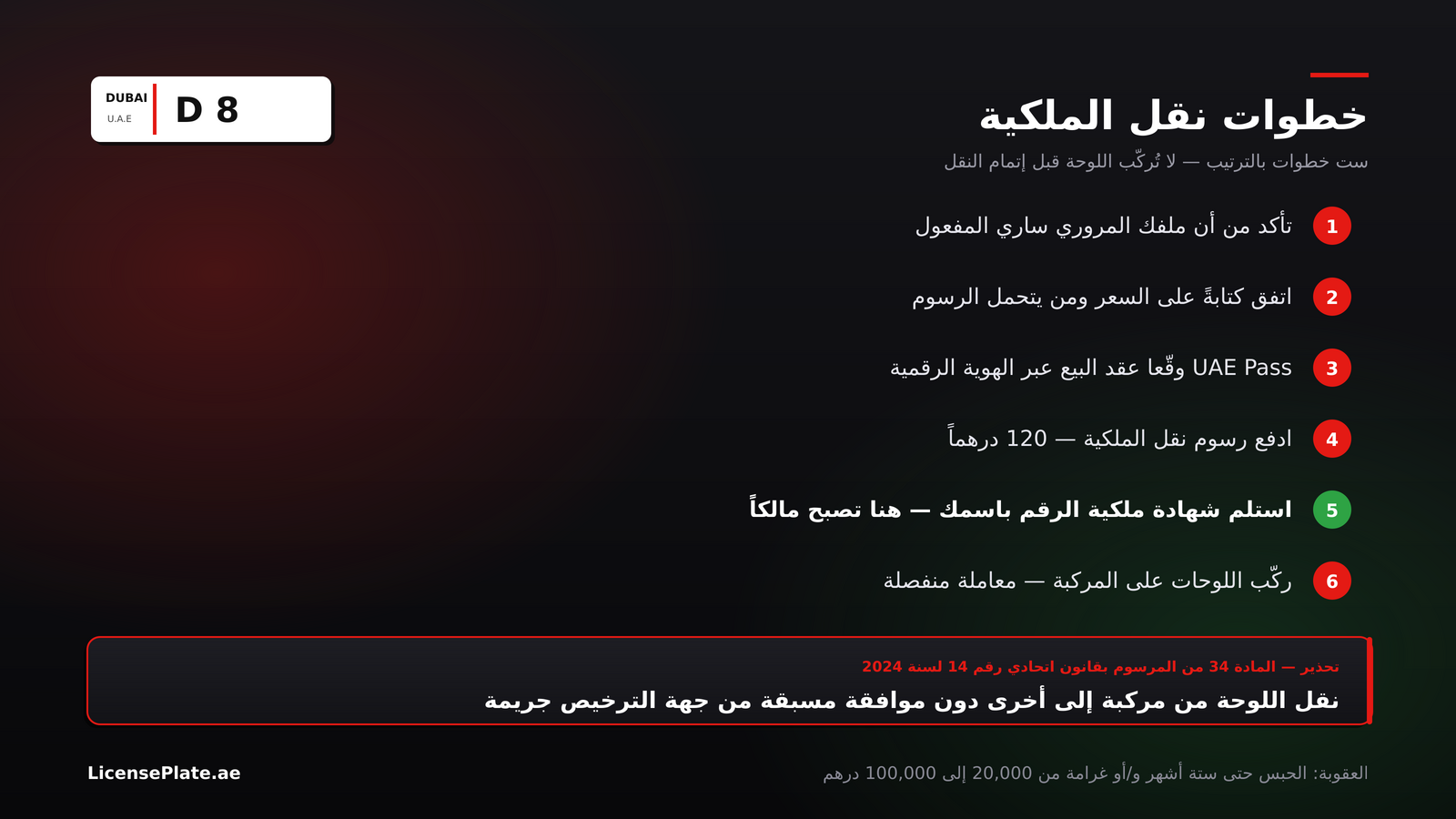 ست خطوات لنقل ملكية لوحة السيارة في دبي مع تحذير قانوني بشأن نقل اللوحة بين المركبات