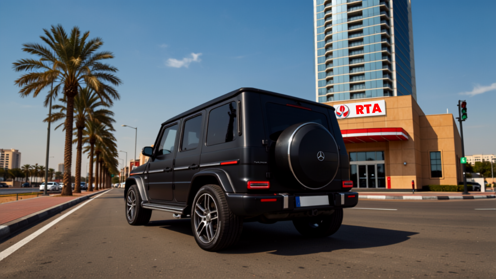 Matte-black Mercedes-Benz G63 AMG parked outside a Dubai RTA-style glass tower with palm trees and a red RTA entrance canopy — the kind of everyday vehicle whose owner is most likely to buy their plate on an RTA installment plan