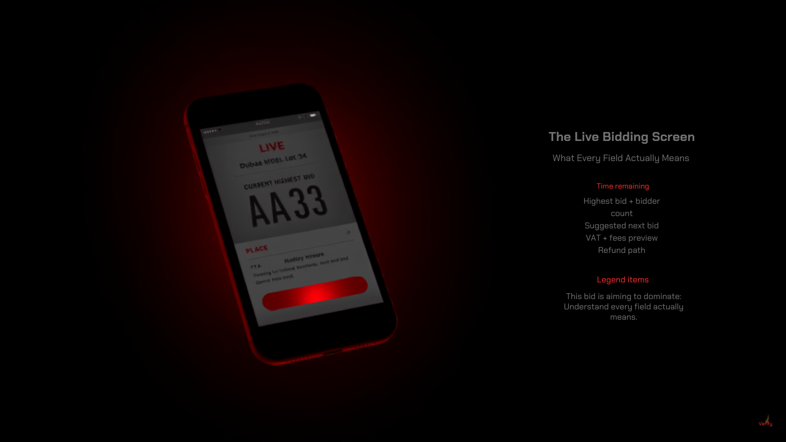 Phone mockup of the live RTA plate auction bidding screen showing Dubai AA 3, current highest bid AED 3,250,000, 47 bidders, bid history and a red PLACE BID button — with a legend panel explaining every field: time remaining, highest bid + bidder count, suggested next bid, VAT + fees preview, and refund path — LicensePlate.ae
