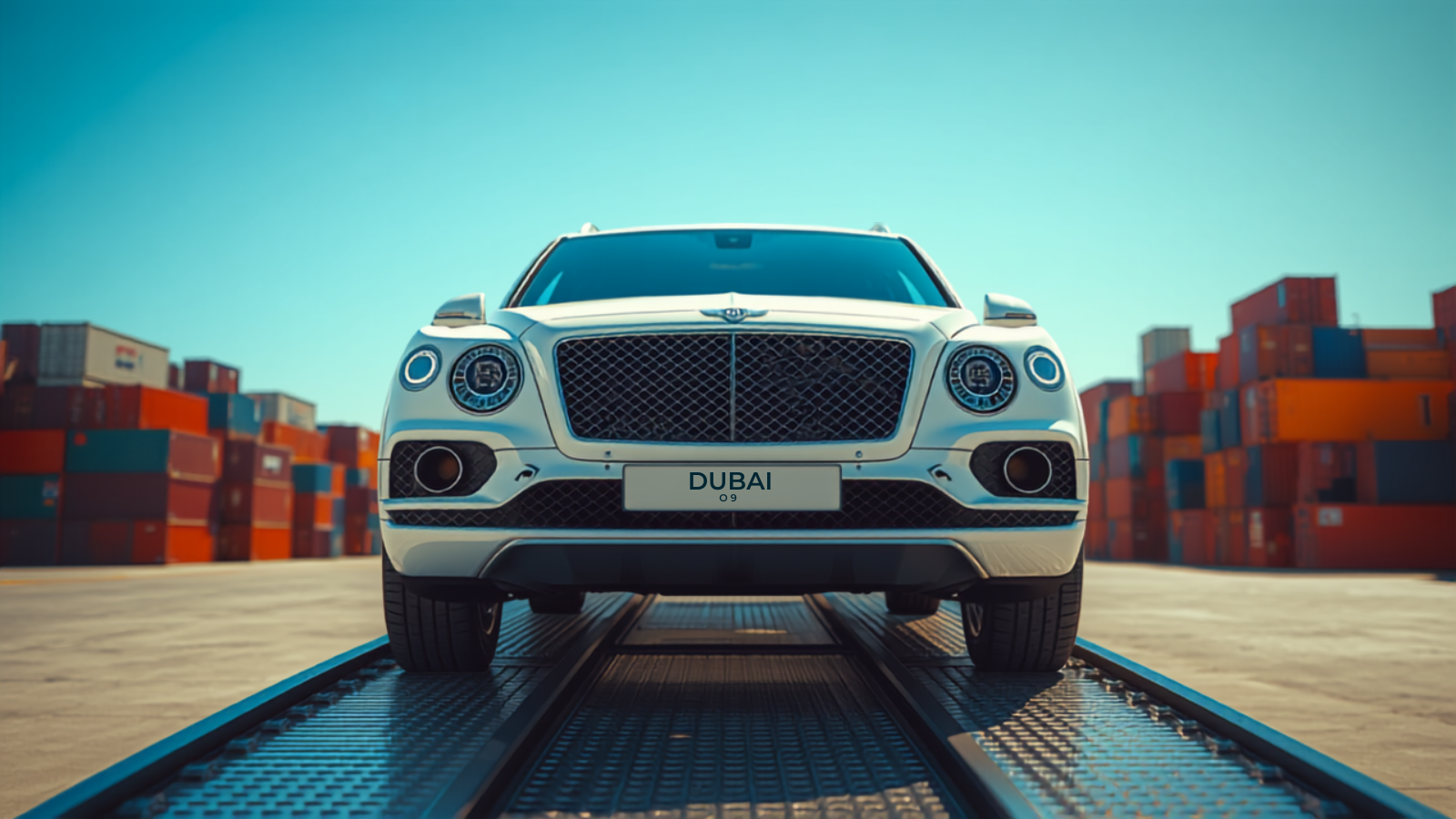 A white Bentley Bentayga with a Dubai number plate being loaded onto a car-transport truck at a sunlit Jebel Ali export yard with shipping containers — LicensePlate.ae guide to UAE export plates