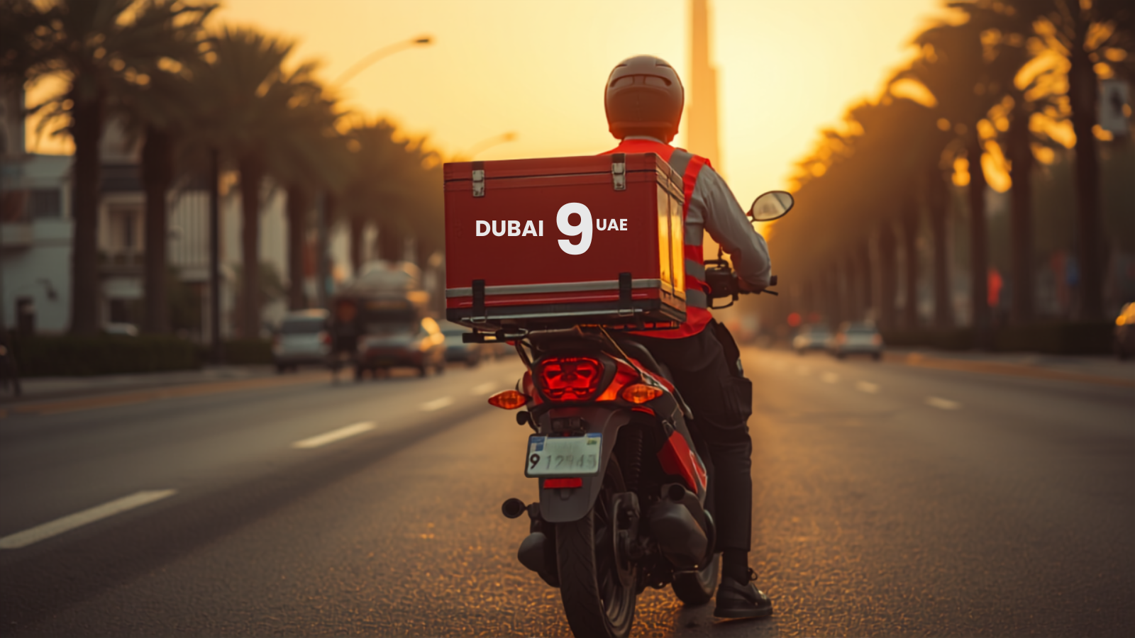 Photorealistic image of a Dubai food-delivery motorcycle with delivery box and code 9 UAE license plates mounted front and rear, rider in helmet and reflective vest, golden hour Dubai street with Burj Khalifa in background — LicensePlate.ae 2026 guide