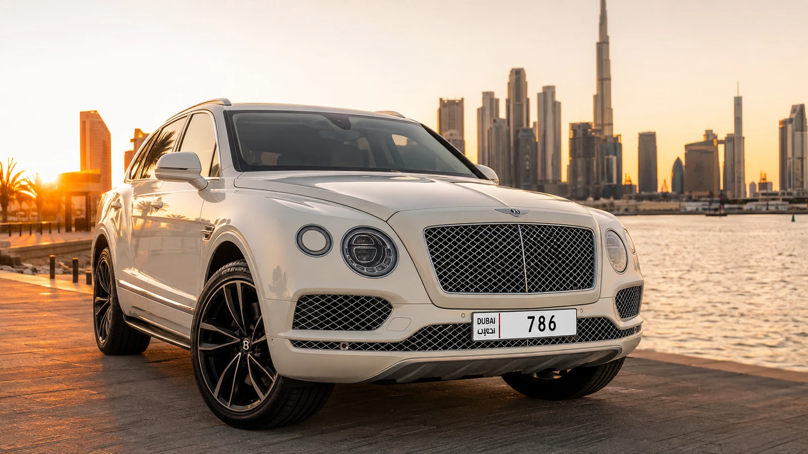 A premium car with a 786 UAE number plate against the Dubai skyline at sunset, illustrating the decision to buy a 786 plate for sentiment or investment.