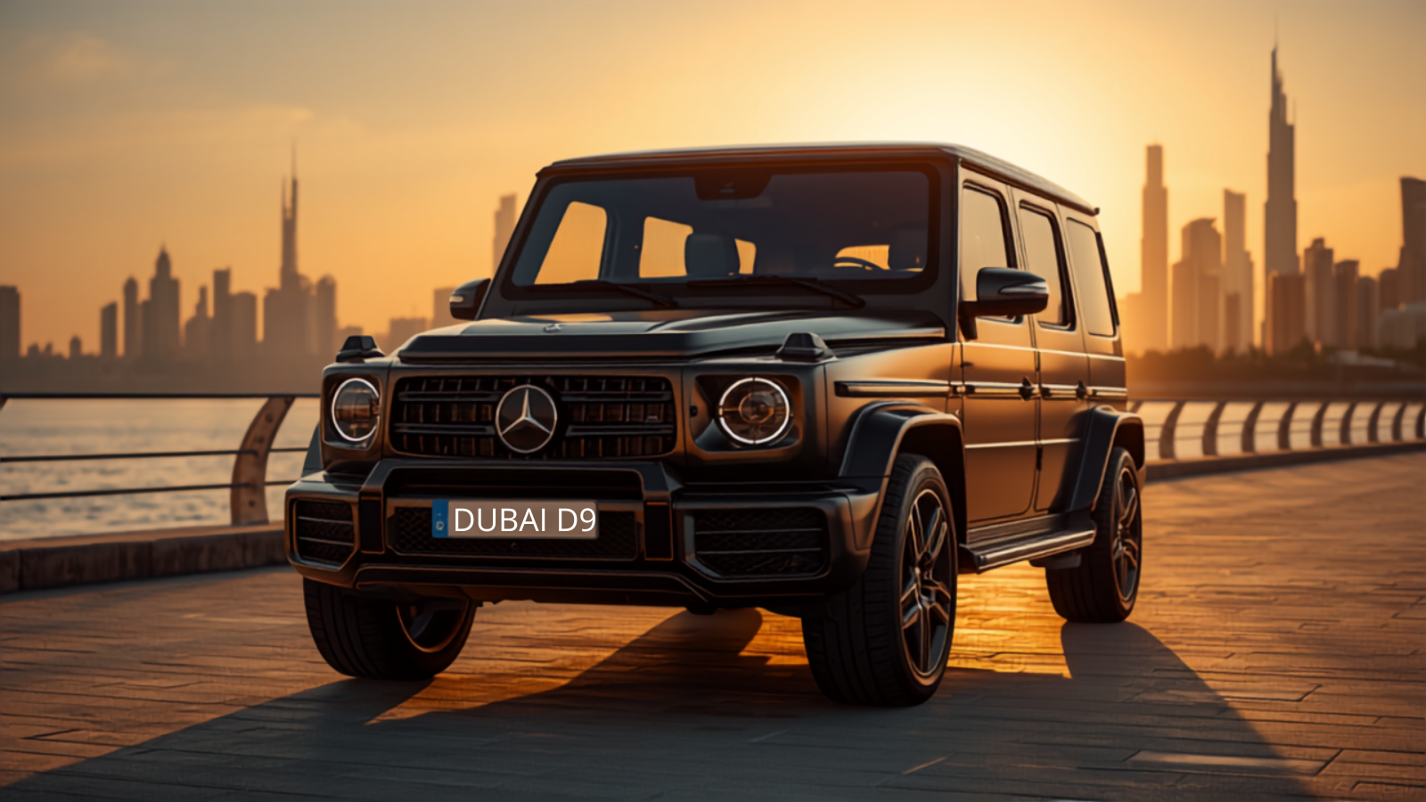 A matte-black Mercedes G-Class against the Dubai skyline at golden-hour sunset with a legible DUBAI number plate, symbolising starting affordable and upgrading to a premium plate over time.