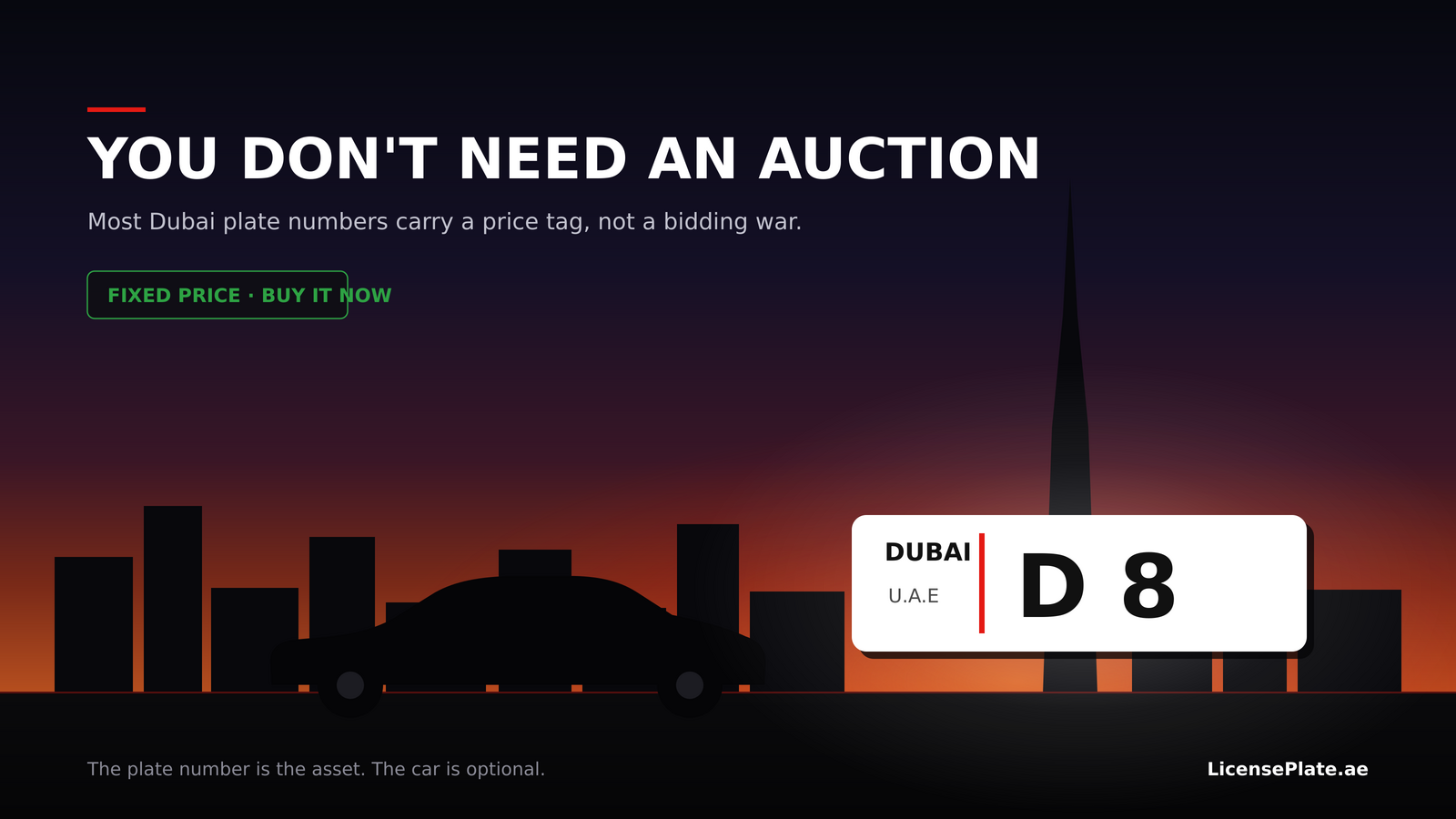 Dusk Dubai skyline with a car silhouette and a glowing Dubai number plate reading D 8