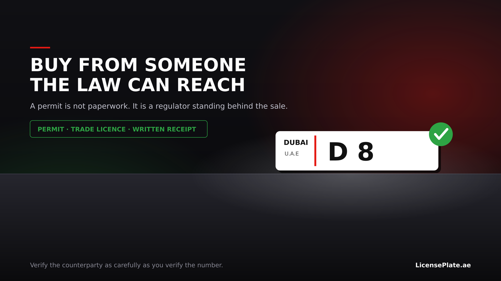 A Dubai number plate on a dark counter with a green verified badge, representing buying from a licensed permit holder