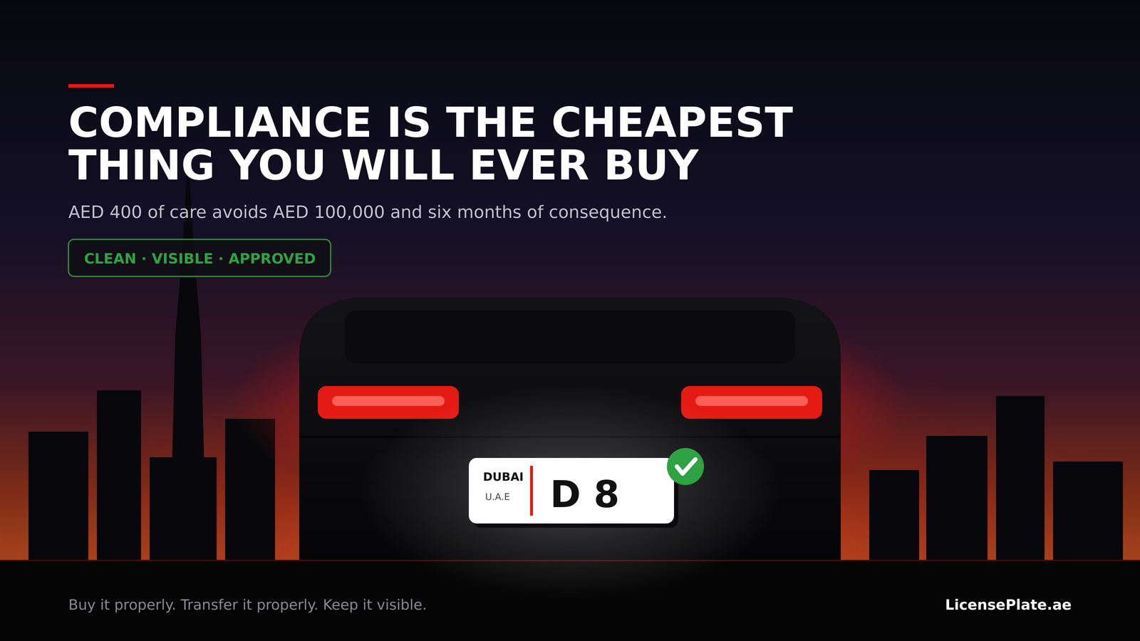 Rear of a car at dusk with a clean, compliant Dubai number plate and a green approval tick