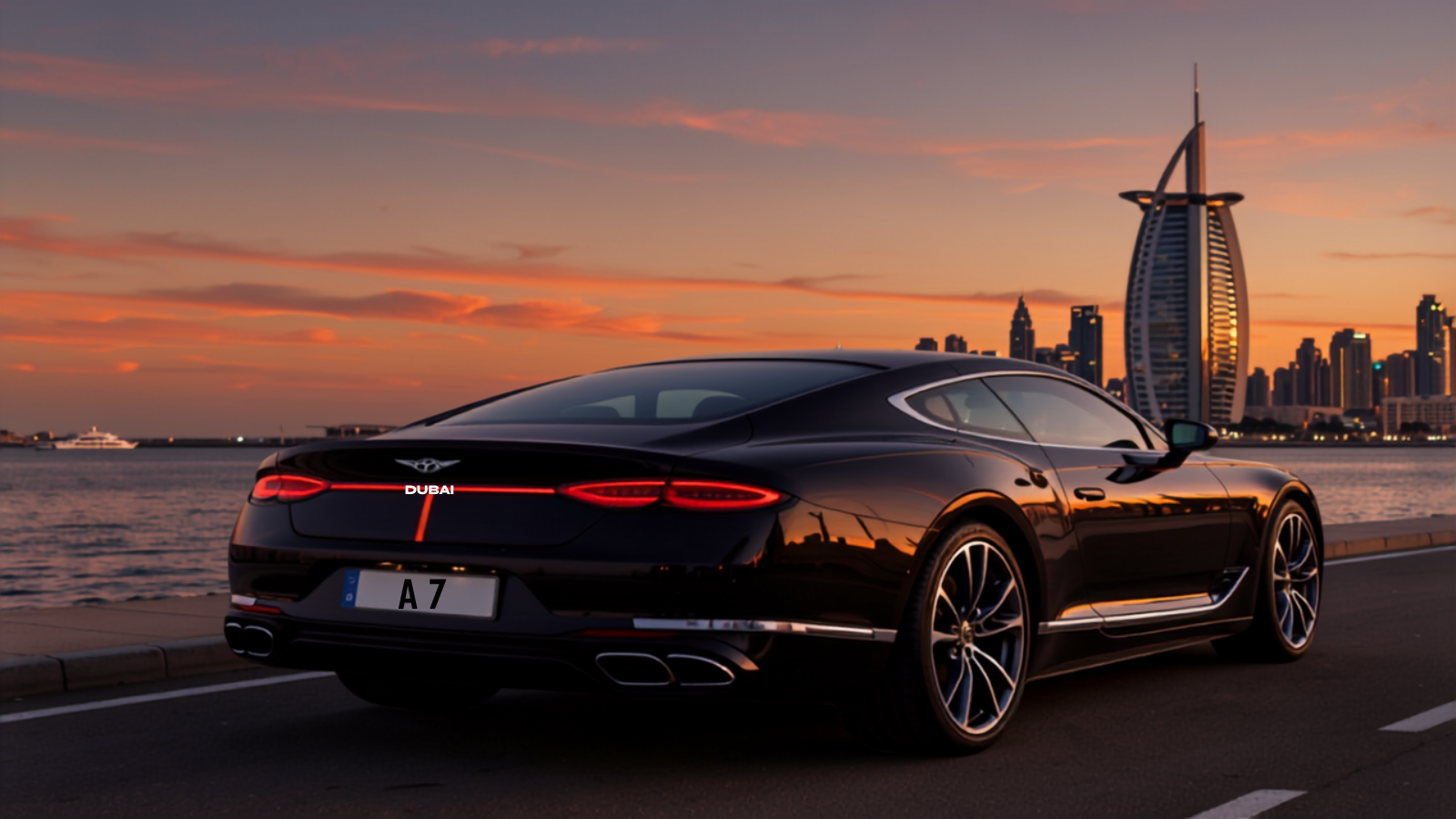 Jet-black Bentley Continental GT parked on the Dubai Marina promenade at golden hour with the Burj Al Arab silhouetted in the sunset — the plate reads DUBAI A 7, the aspirational endpoint of a well-run RTA installment plan