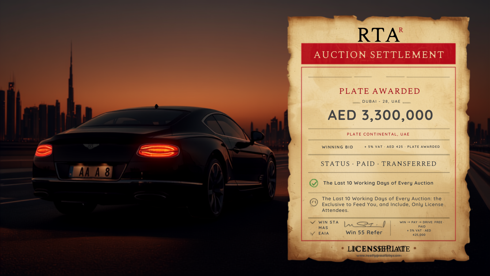 Editorial illustration of a black luxury sedan side-view against a Dubai skyline silhouette (Burj Khalifa visible) with a Dubai AA 8 license plate mounted, alongside an RTA Auction Settlement certificate showing PLATE AWARDED Dubai AA 8, WINNING BID AED 3,300,000 + 5% VAT, and STATUS PAID · TRANSFERRED with a green tick — LicensePlate.ae