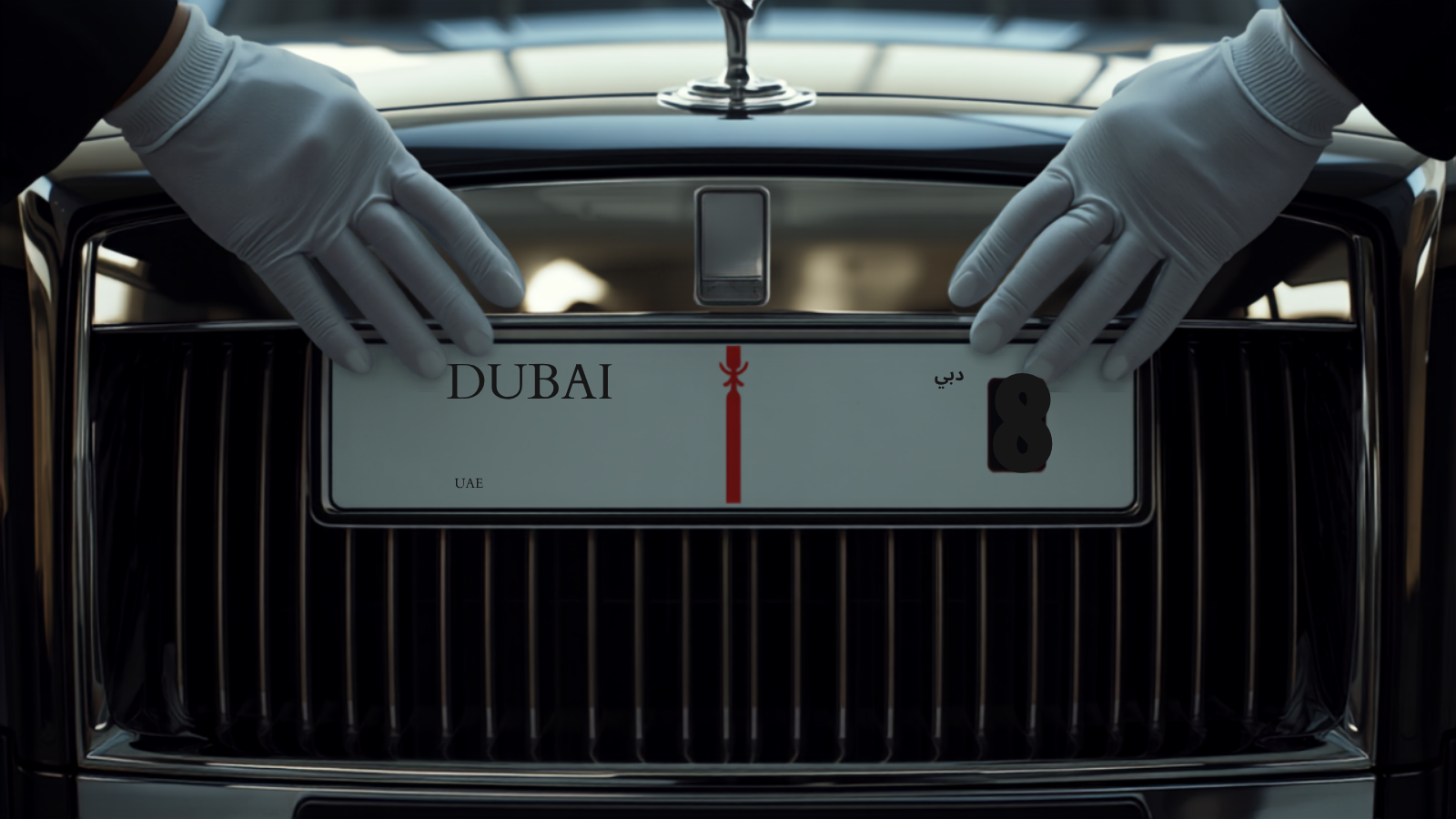 A distinctive Dubai number plate being lifted off a luxury car and photographed for a marketplace listing while a transporter waits in the background, premium editorial style in black with red and green accents — LicensePlate.ae