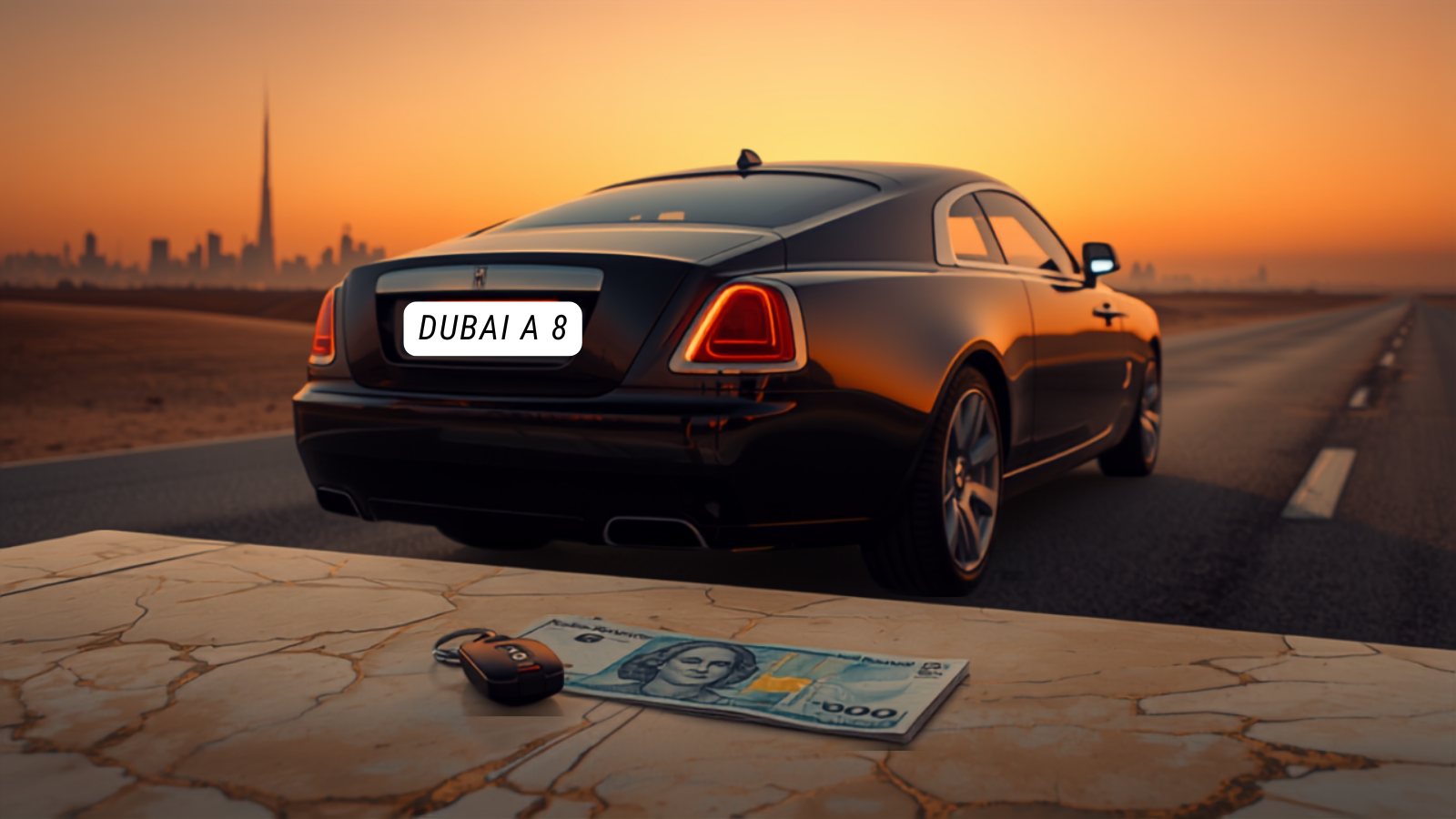 Aspirational editorial photograph of a luxury car with a rare short-digit Dubai license plate, red LED plate accent, sunset with Burj Khalifa in the background, keys and financing documents on a marble table in the foreground — LicensePlate.ae UAE plate financing 2026