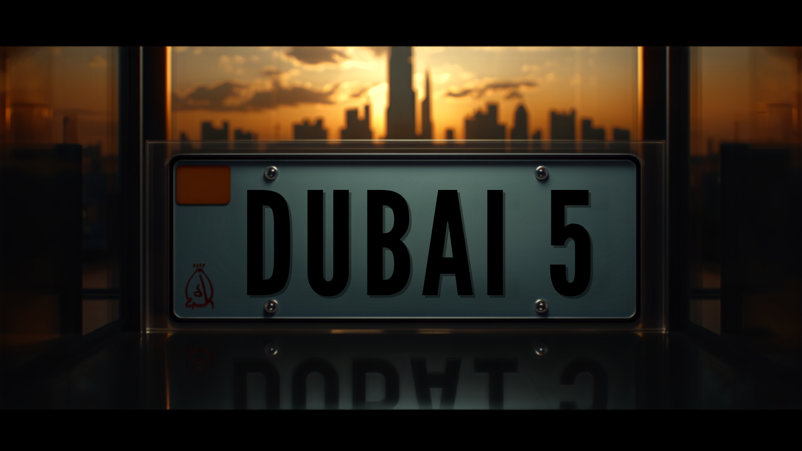 A rare single-digit Dubai UAE plate reading 5 displayed in a glass museum-style case, lit like a luxury collectible, with a Dubai sunset skyline and Burj Khalifa behind — symbolising a premium plate retained as an appreciating asset after leaving the UAE, LicensePlate.ae
