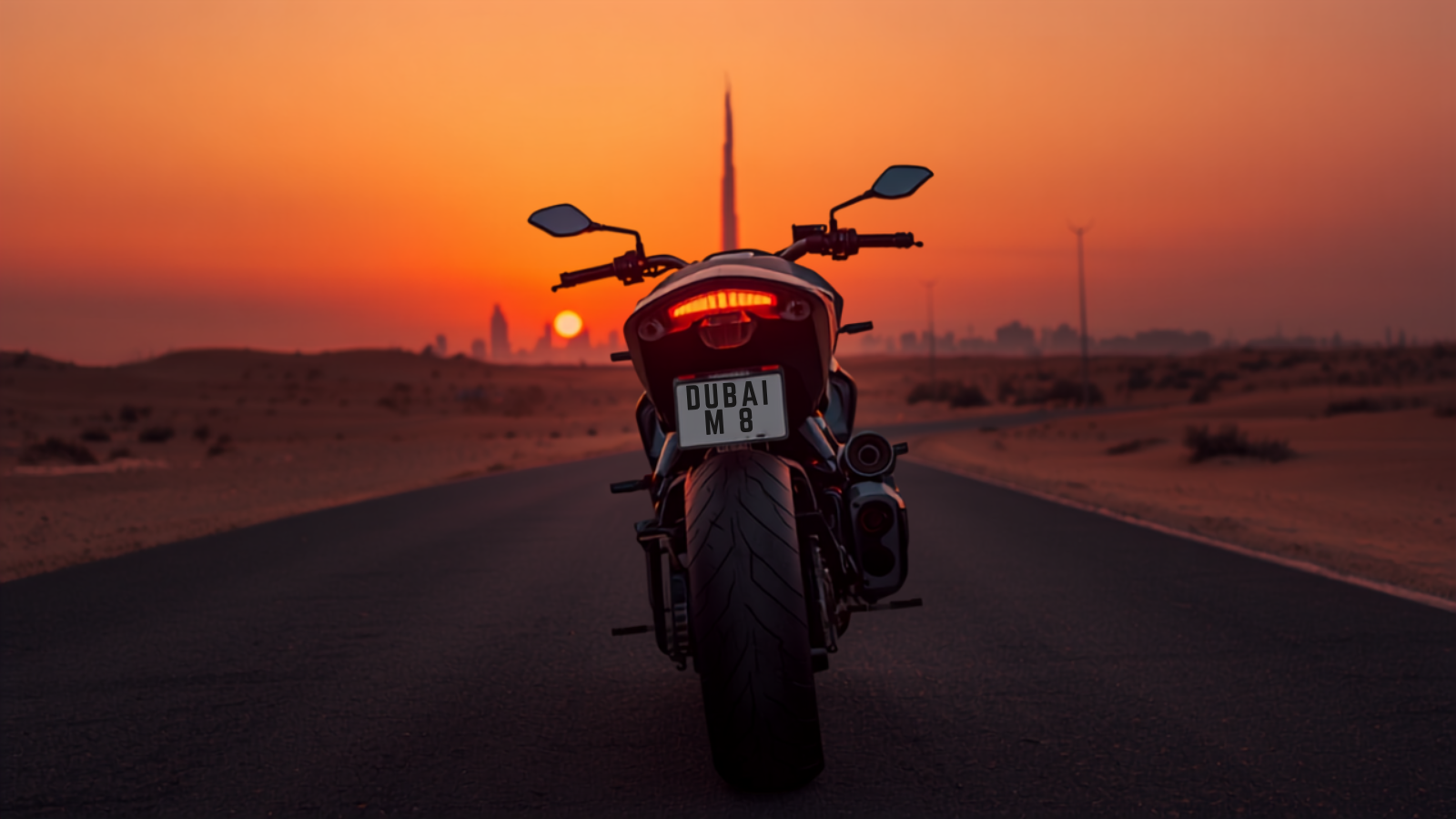 Aspirational cinematic image of a premium touring motorcycle with a rare short 2-digit Dubai UAE motorcycle plate M 8 at sunset on a scenic road, Dubai skyline with Burj Khalifa in the background, subtle red LED plate glow with green verified tick — LicensePlate.ae