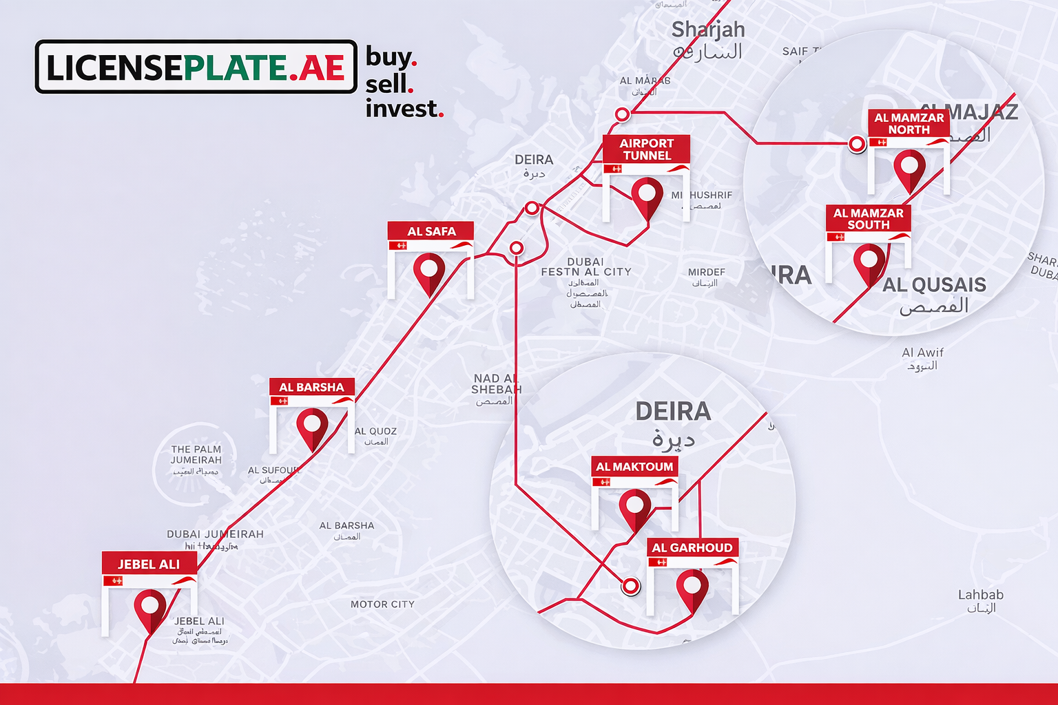 LicensePlate.ae Dubai map graphic showing key RTA service center locations with red route lines and pin markers