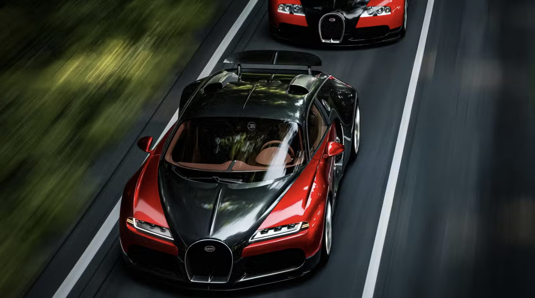 Red-and-black Bugatti Veyron captured from the rear three-quarter angle while driving on a tree-lined road (motion blur)