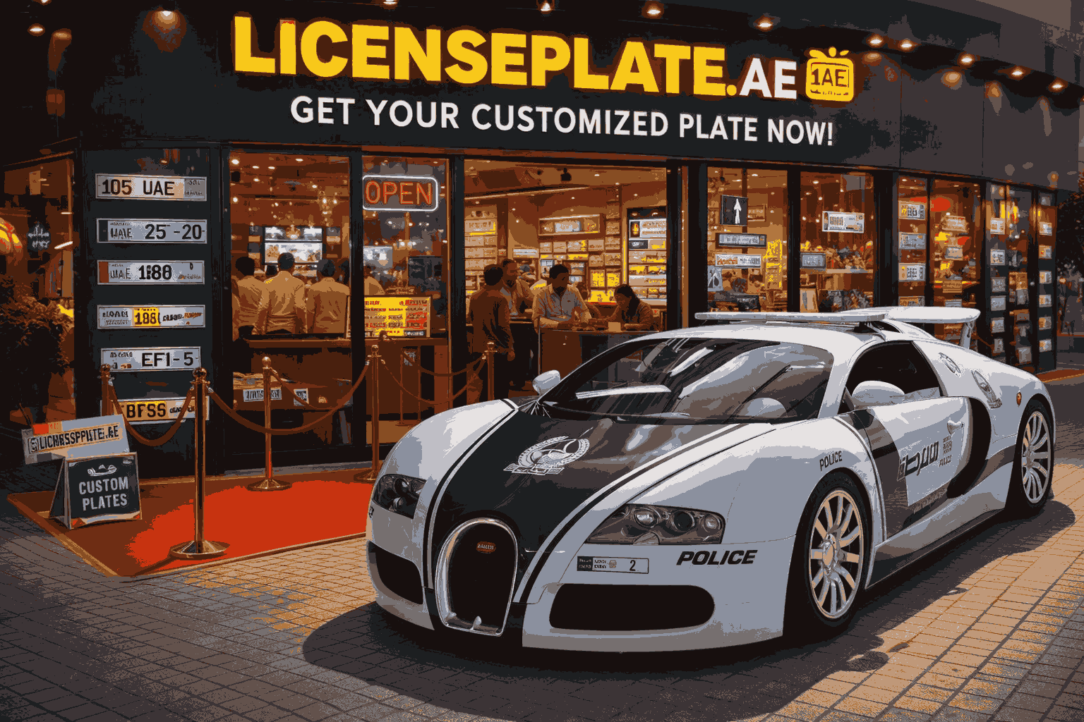 Dubai Police supercar parked outside the LicensePlate.ae showroom, highlighting Dubai number plate buying and transfer support.