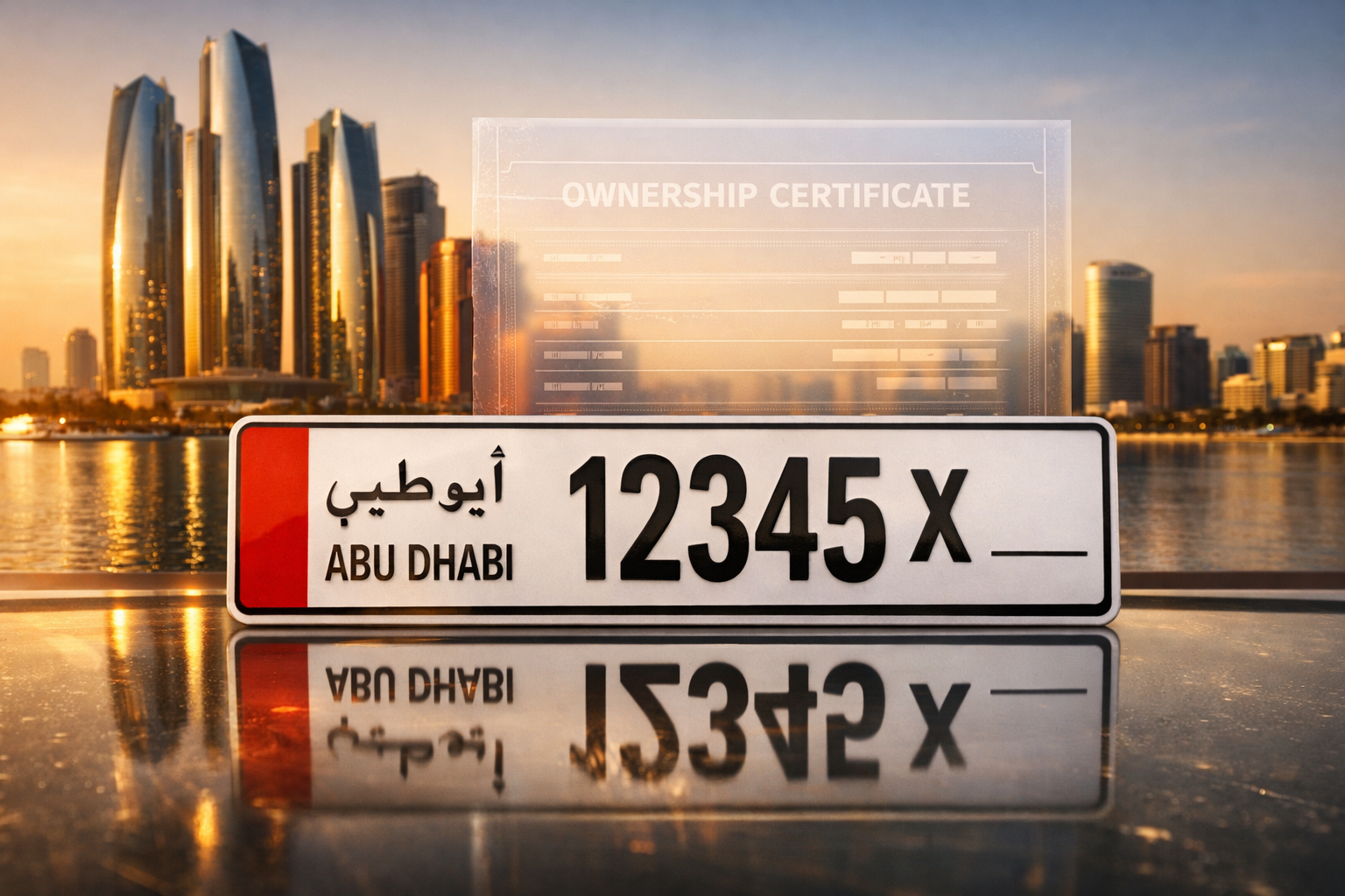 Ultra-realistic cinematic hero image of an Abu Dhabi–style UAE car number plate in the foreground with clean generic design, reflective surface, and shallow depth of field, set against the Abu Dhabi skyline at golden hour 